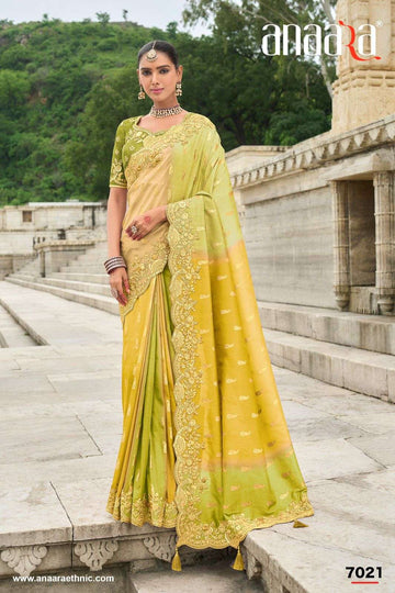 Yellow Green Shaded Gadwal Silk Saree with Magenta Silk Blouse and Exquisite Handwork, Embroidery - 7021